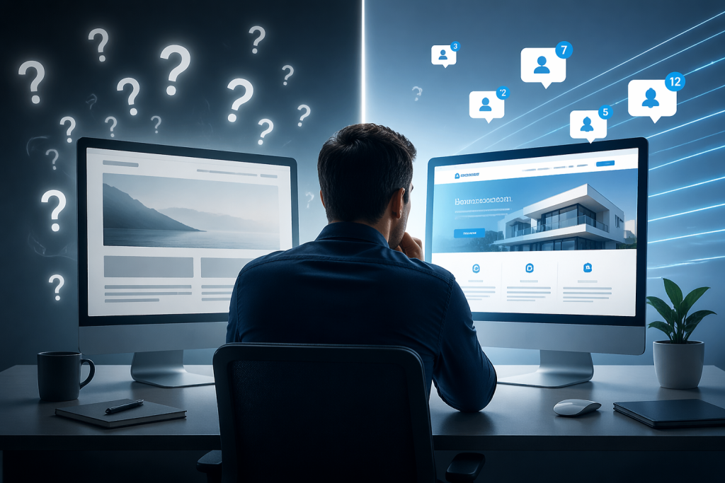 בעל עסק יושב מול מחשב עם אתר יפה אך ריק מפניות